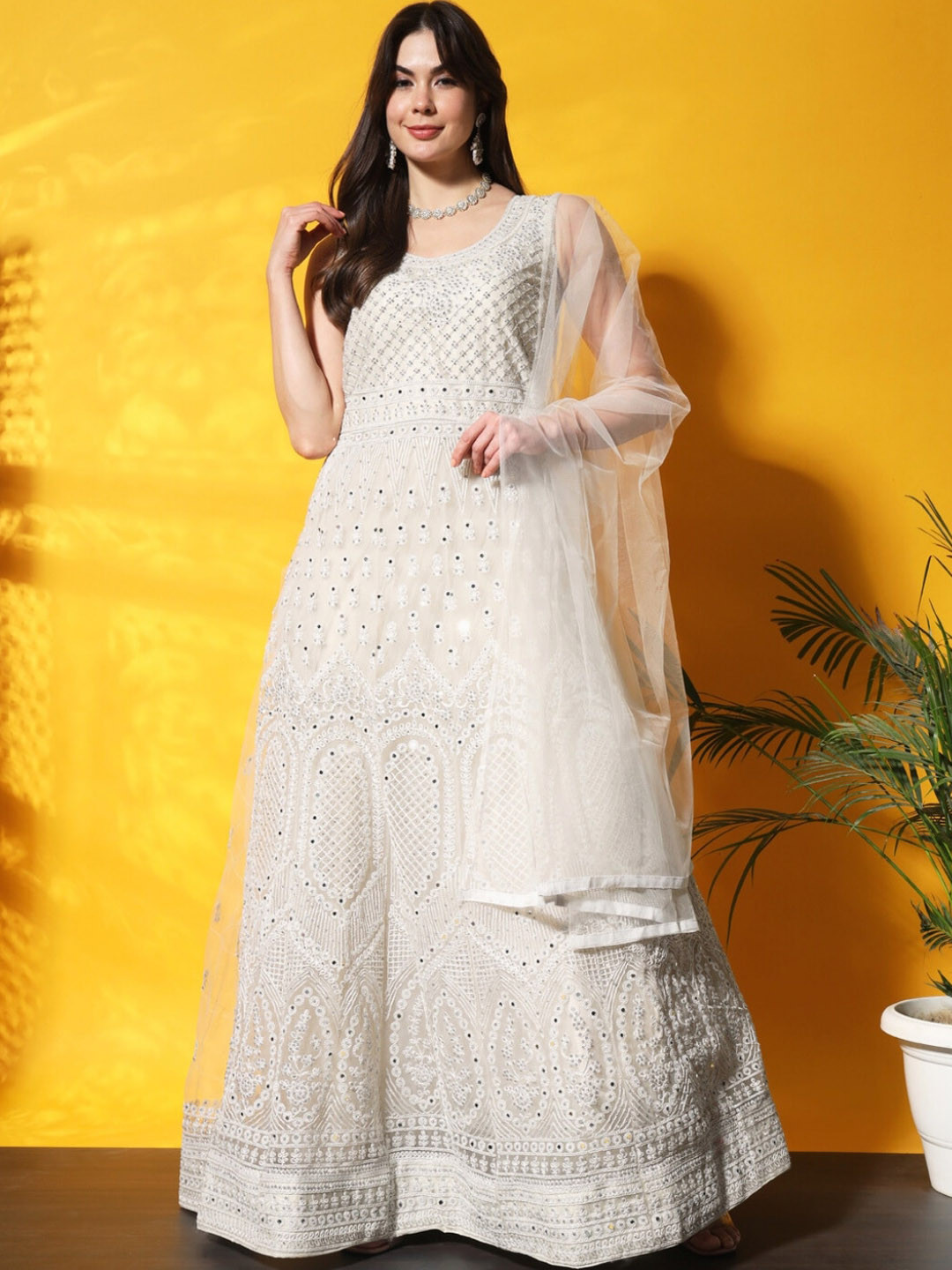 

Chhabra 555 Embroidered Flared Ethnic Maxi Gown Dresses With Dupatta, Cream