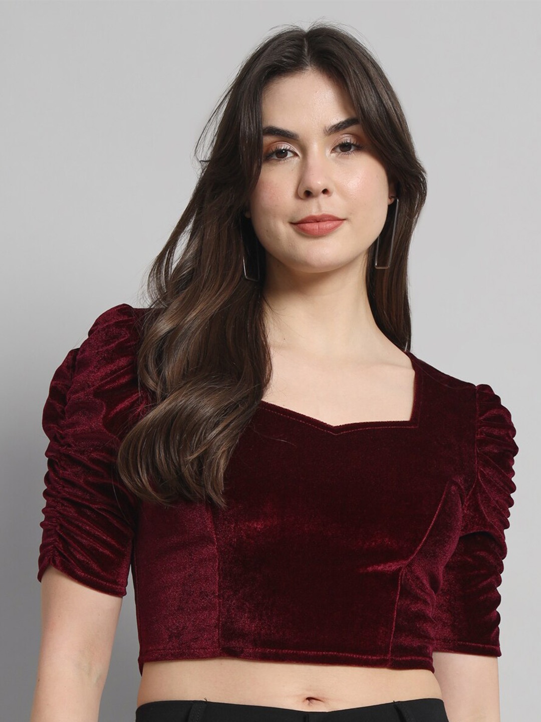 

VAARARO Puff Sleeves Velvet Fitted Crop Top, Burgundy