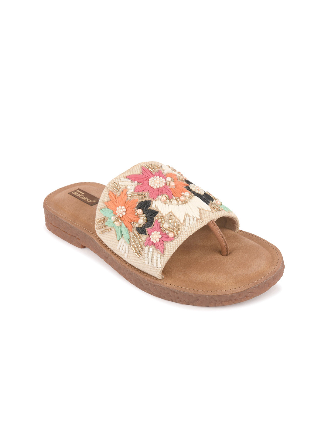 

DESI COLOUR Embroidered Open Toe Flats, Beige
