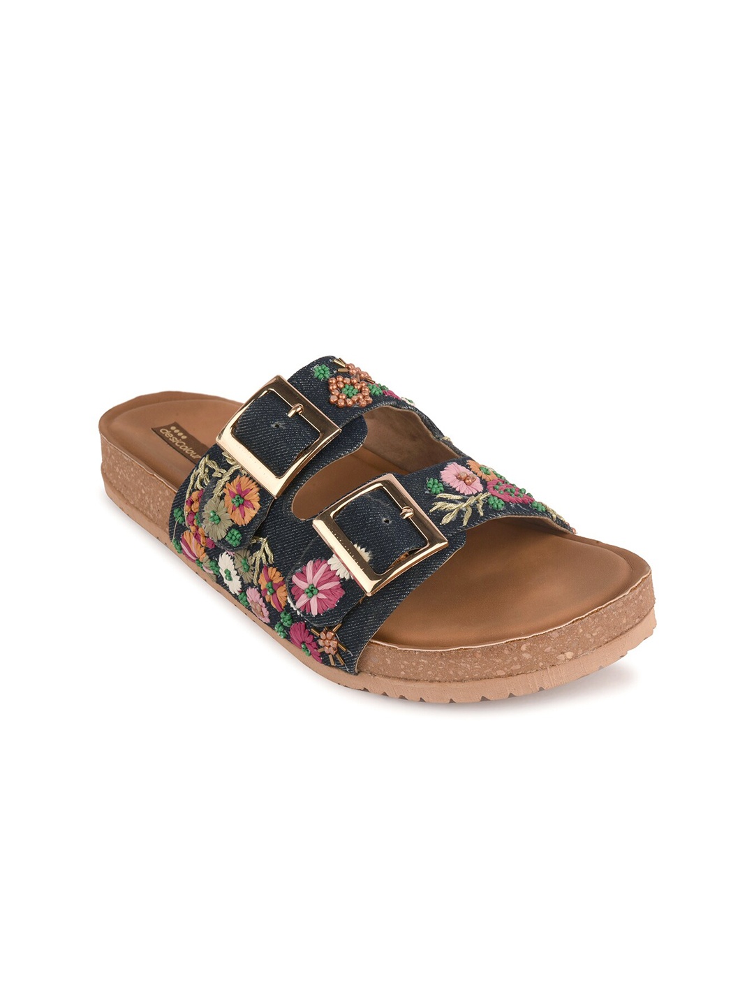 

DESI COLOUR Embroidered Buckle Detailed Open Toe Flats, Blue