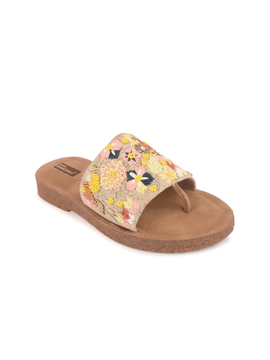 

DESI COLOUR Embroidered Open Toe Flats, Tan