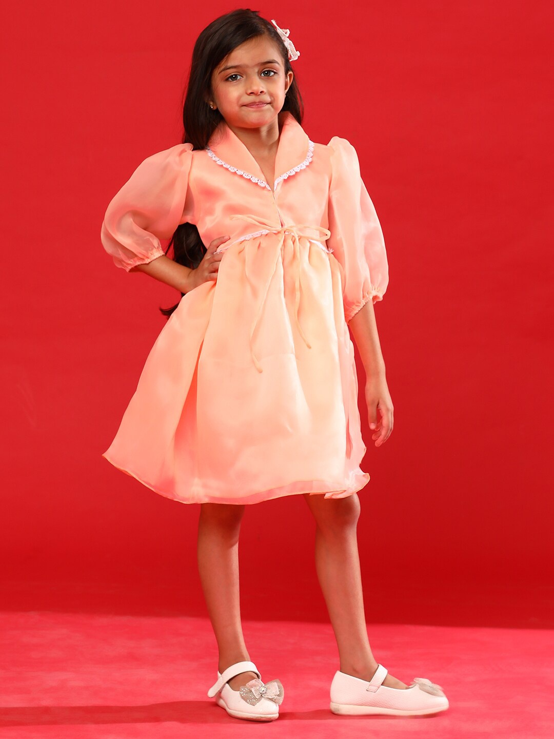 

TALES & STORIES Girls Shirt Collar A-Line Dress, Peach