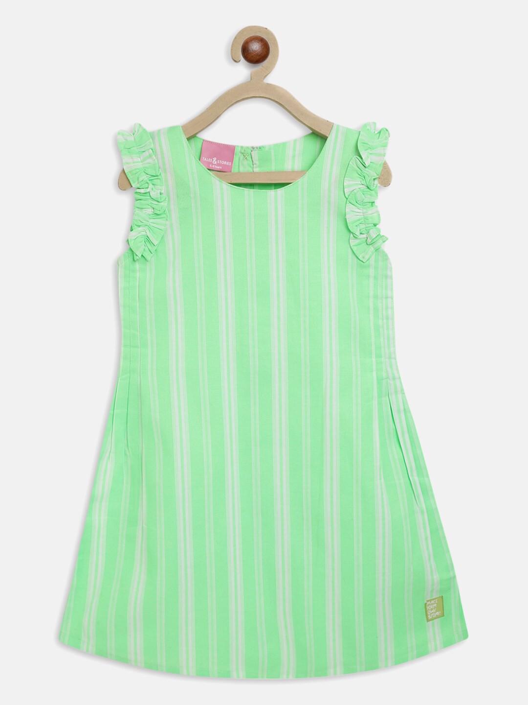 

TALES & STORIES Girls Striped Pure Cotton A-Line Dress, Green