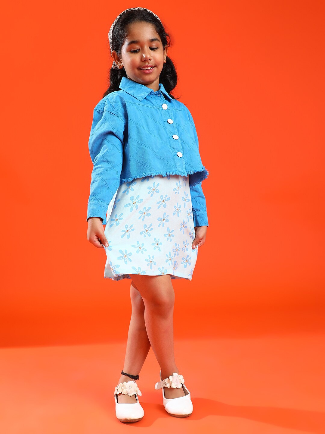 

TALES & STORIES Girls Floral Print A-Line Dress with Jacket, Blue