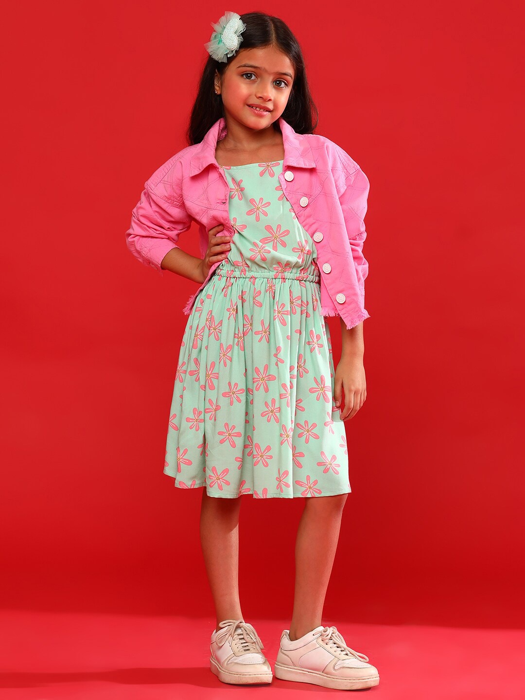 

TALES & STORIES Girls Floral Printed Fit & Flare Dress, Green