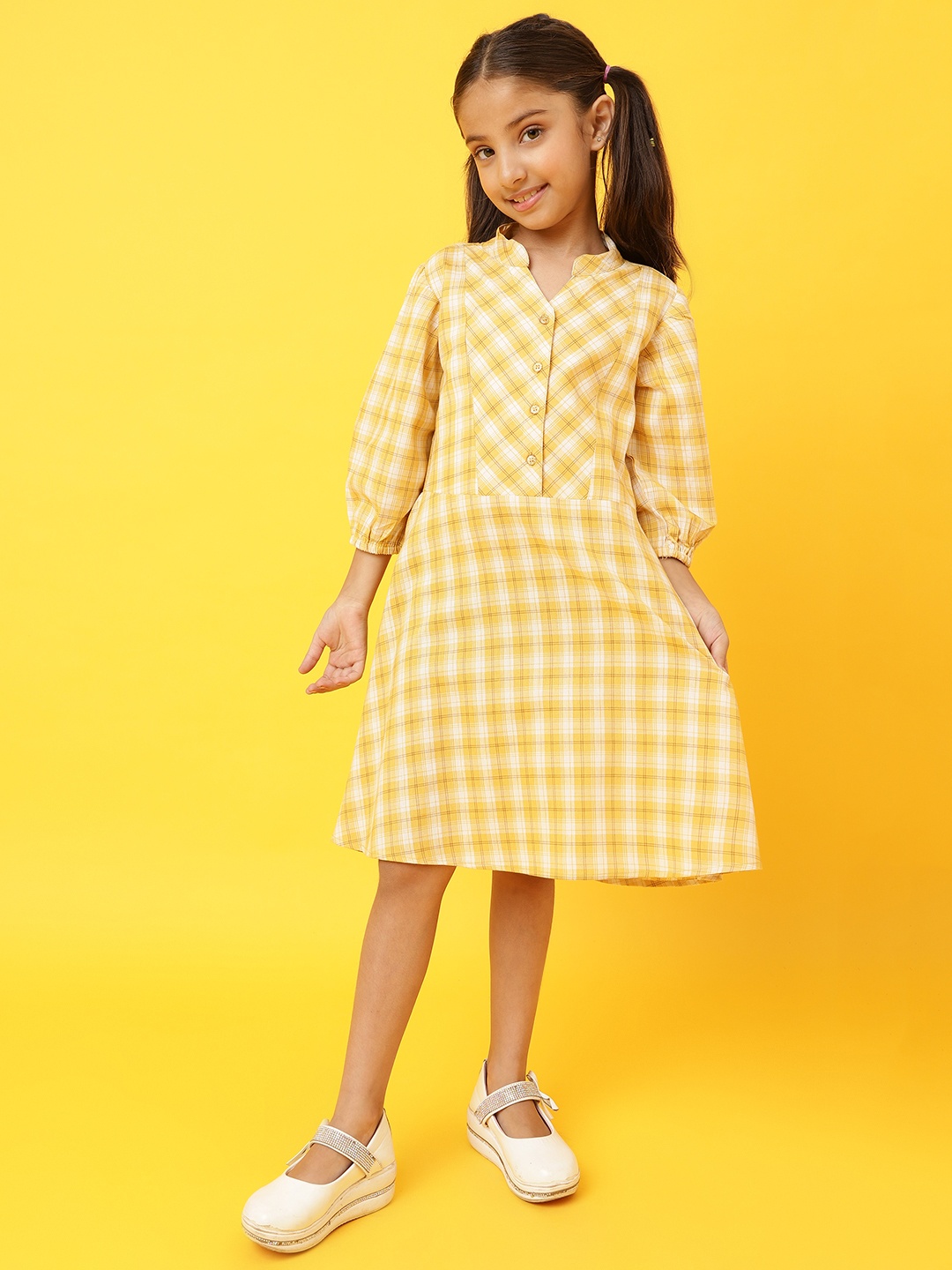 

TALES & STORIES Girls Checked Mandarin Collar A-Line Dress, Yellow