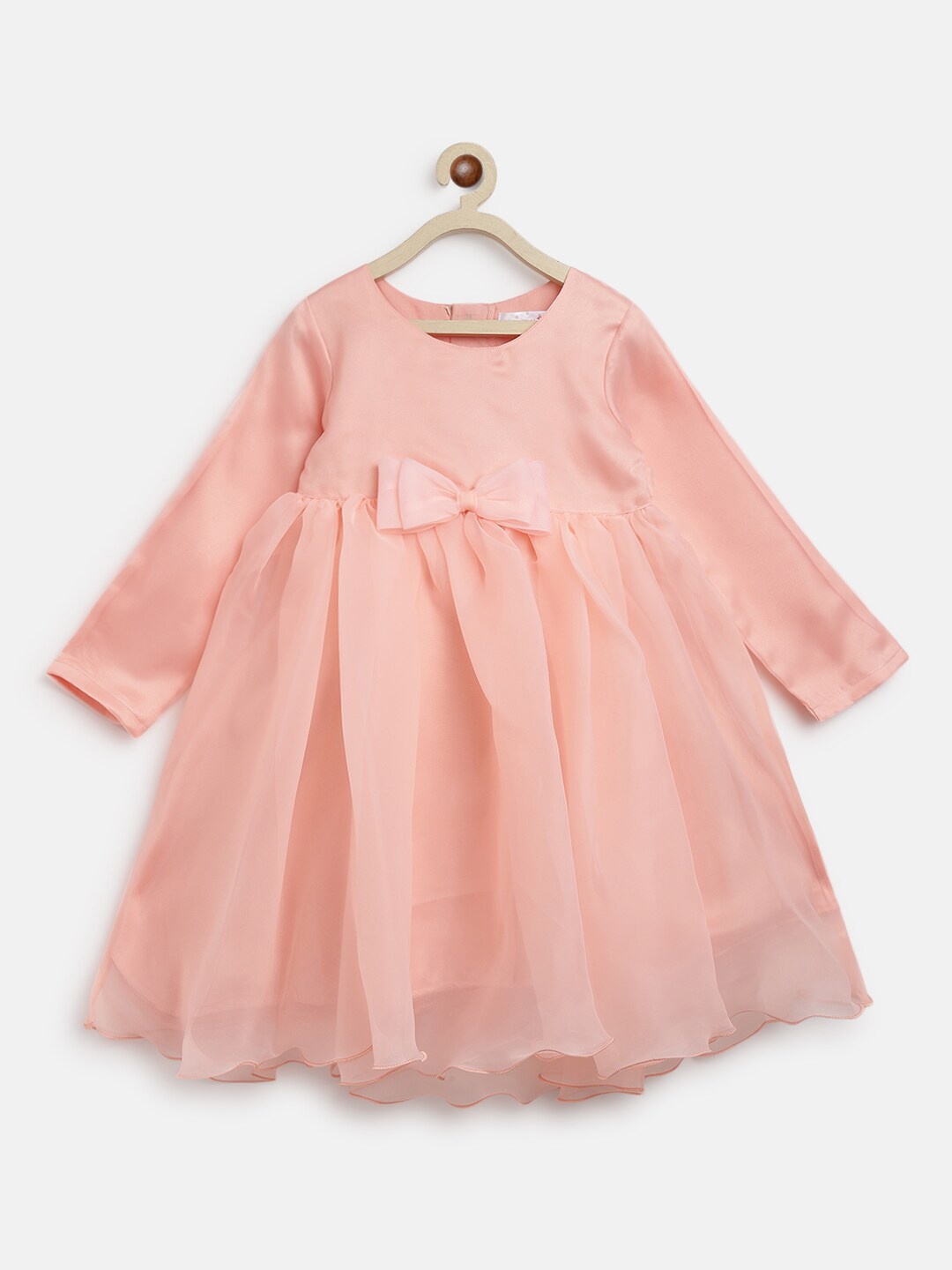 

TALES & STORIES Girls Round Neck Bow Fit and Flare Dress, Peach