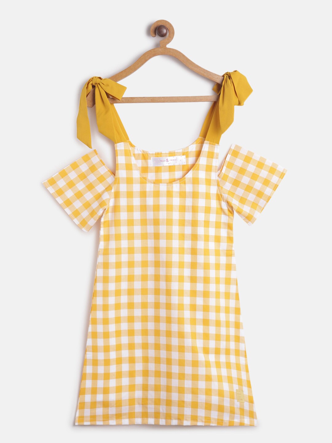 

TALES & STORIES Girls Checked Cold-Shoulder Pure Cotton A-Line Dress, Yellow