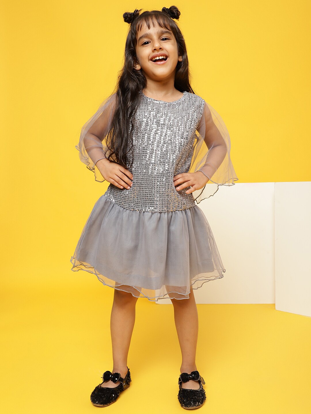 

TALES & STORIES Girls Self Design Round Neck Flared Sleeves Fit & Flare Dress, Grey