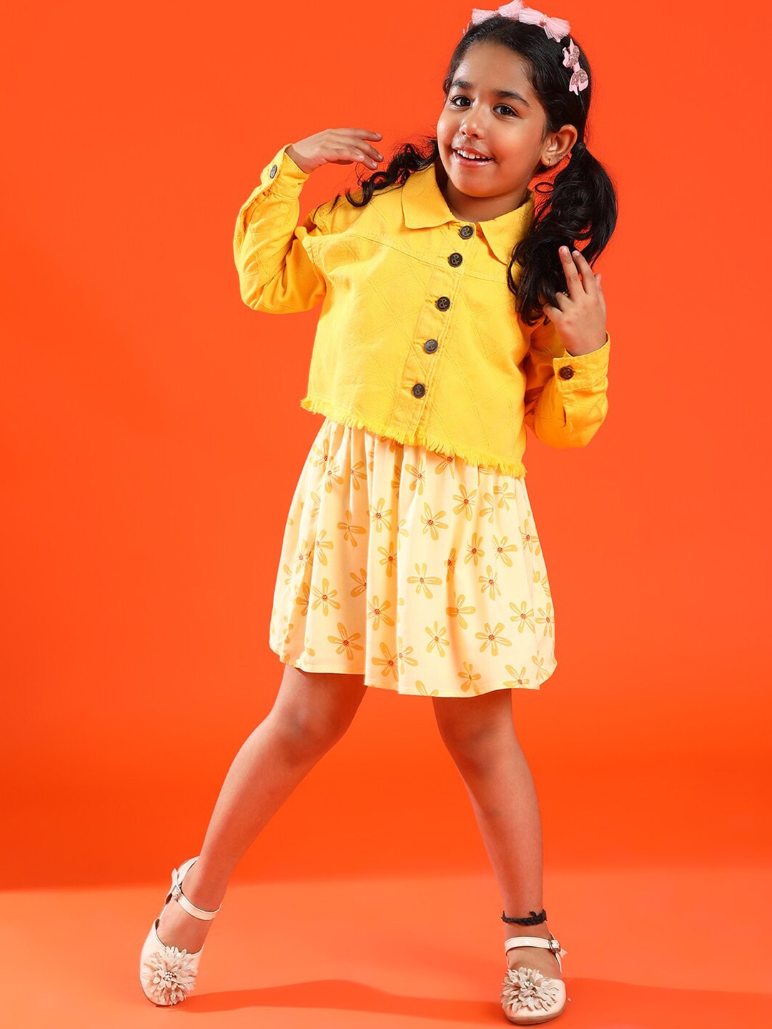 

TALES & STORIES Girls Floral Printed Shoulder Straps Fit and Flare Dress with Jacket, Yellow