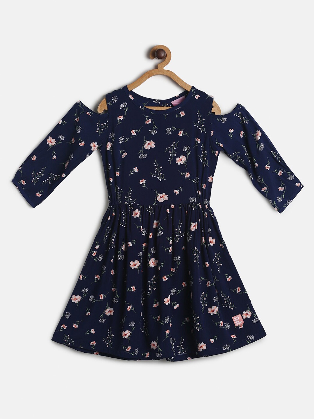 

TALES & STORIES Girls Floral Print Cold-Shoulder Pure Cotton Fit & Flare Dress, Navy blue