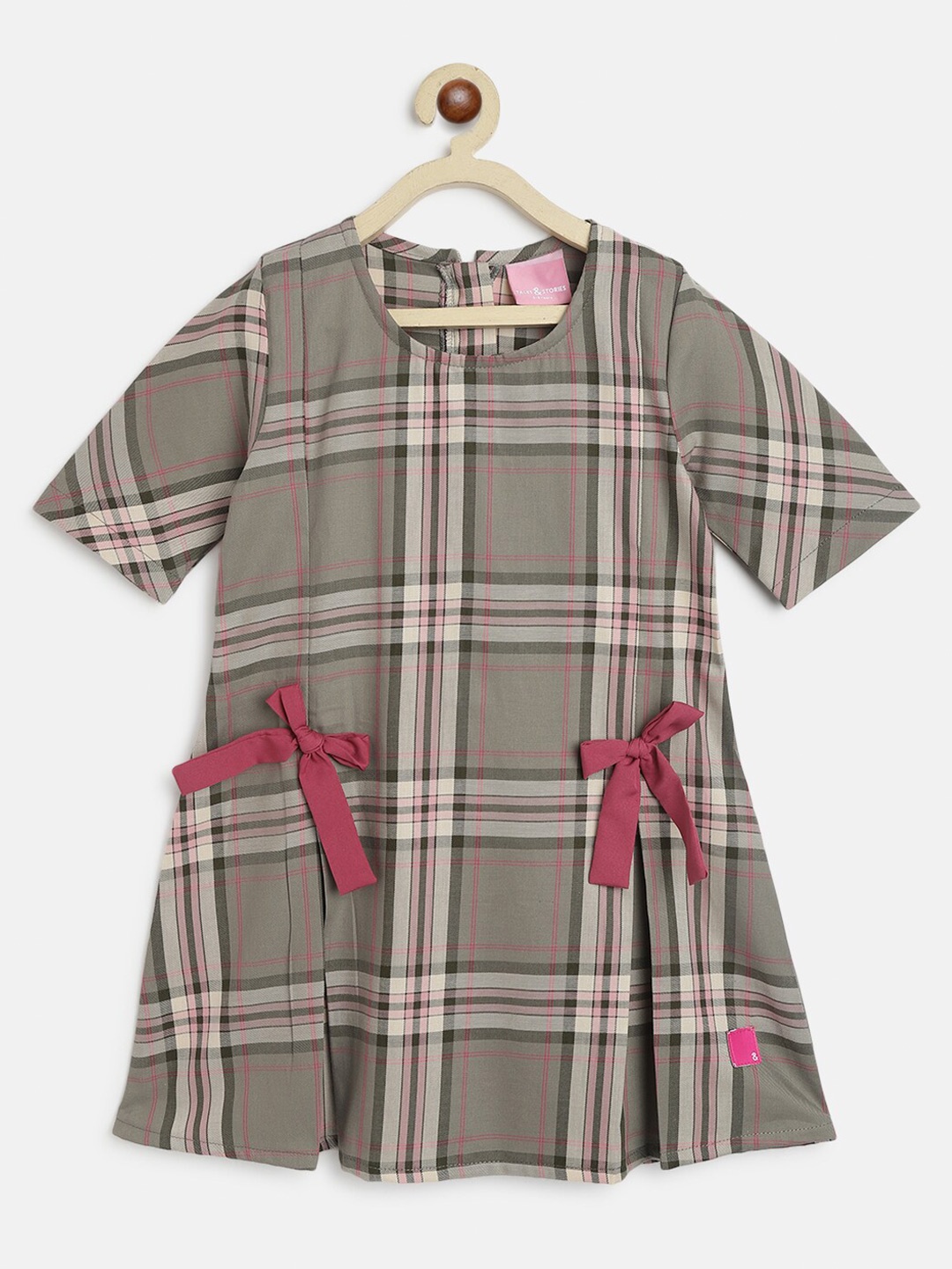 

TALES & STORIES Girls Checked Pure Cotton A-Line Dress, Grey
