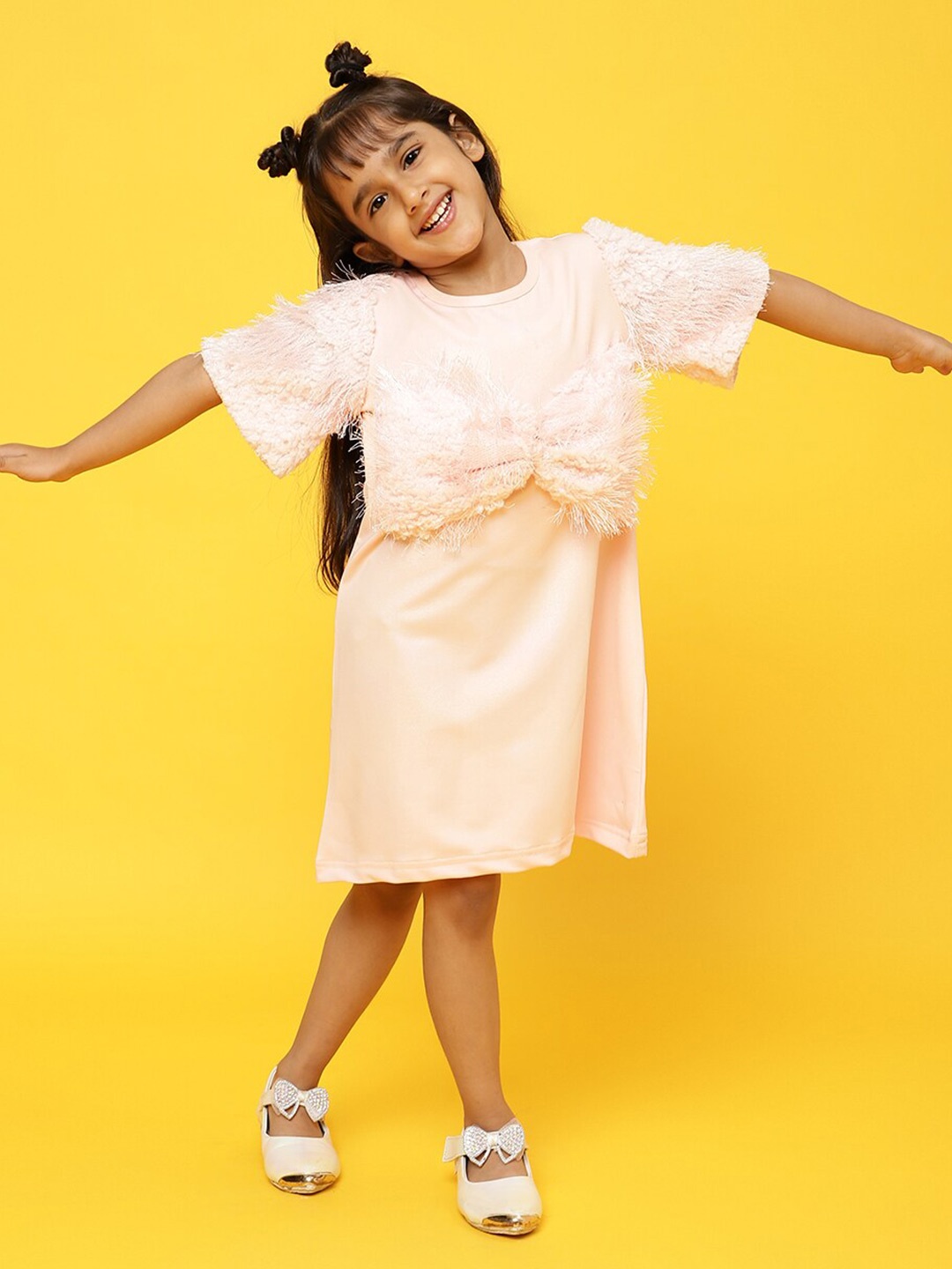 

TALES & STORIES Girls Fur Bow Detailed A-Line Dress, Peach