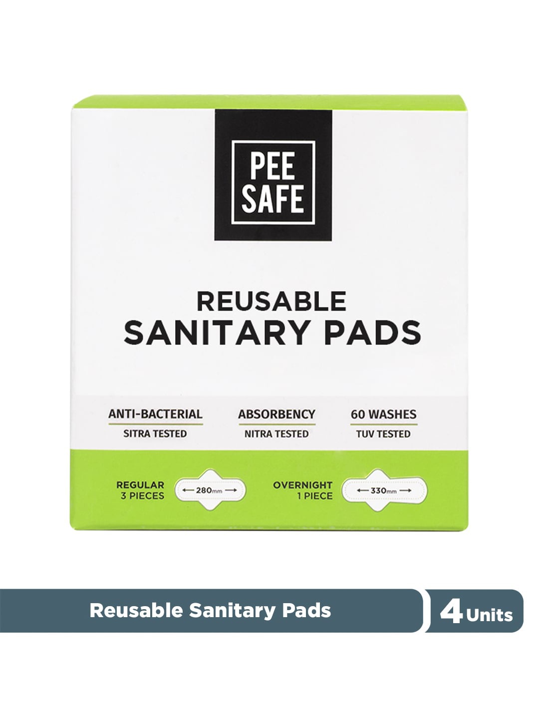 

PEESAFE 4-Pcs Reusable Sanitary Pads - 3 Regular + 1 Overnight Pad, White