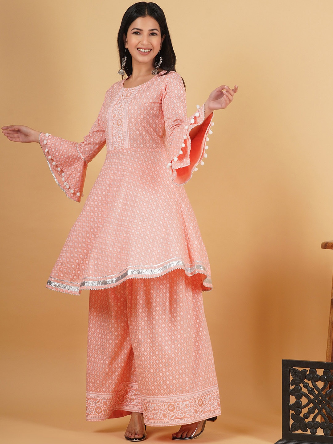 

SEVEN FLOWER Ethnic Motifs Printed Empire Gotta Patti Kurti with Palazzos, Peach