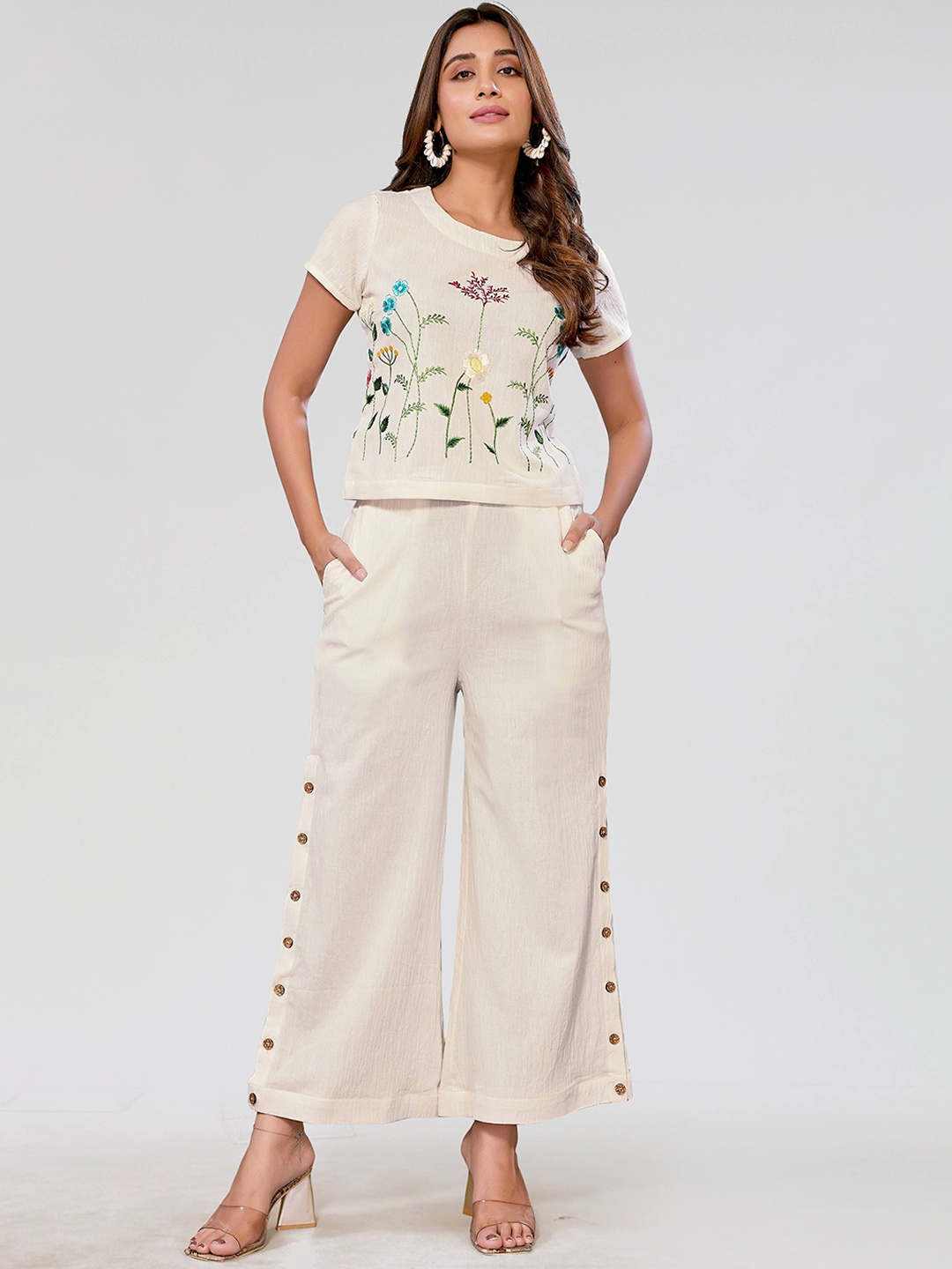 

PYARI - A style for every story Embroidered Pure Cotton Top With Palazzos, Beige