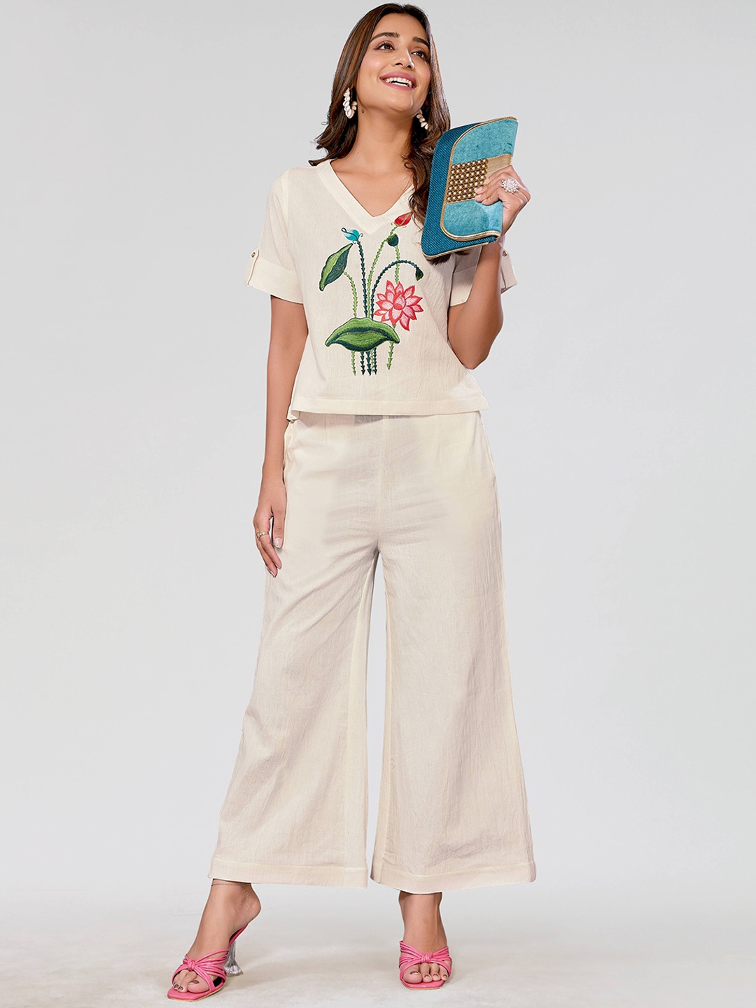 

PYARI - A style for every story Embroidered V-Neck Top & Flared Trouser, Beige