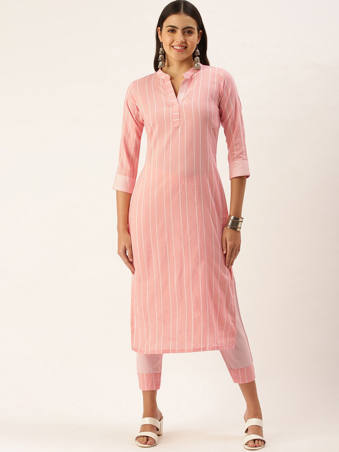 

KALINI Striped Mandarin Collar Kurta With Trousers, Peach