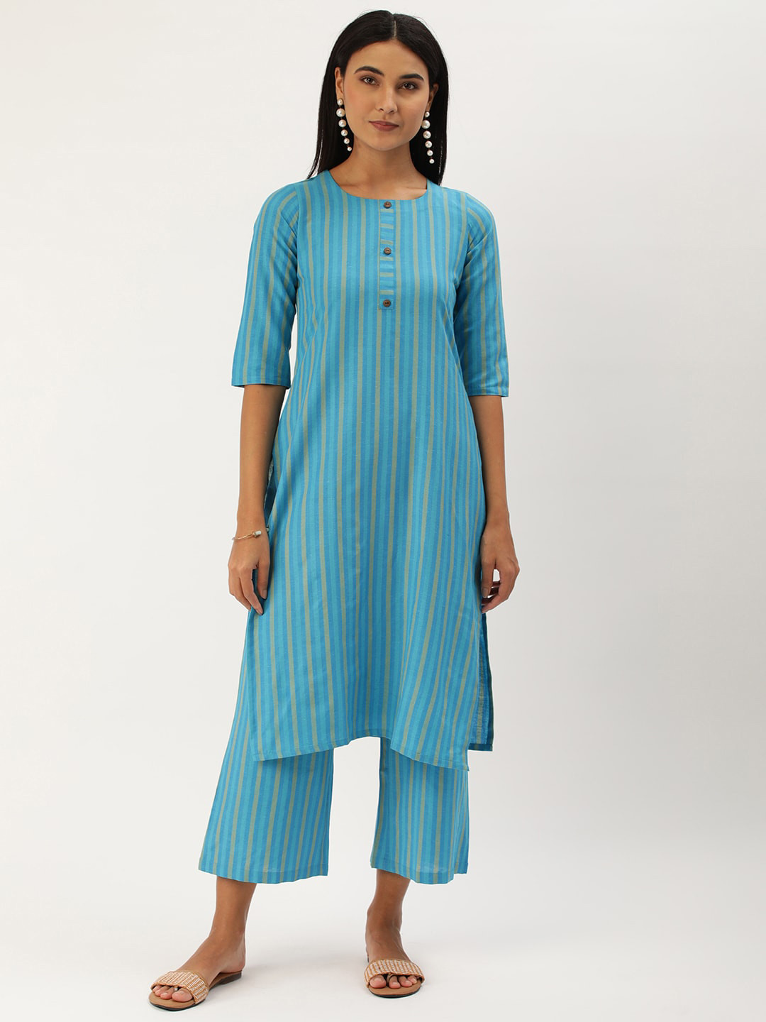 

KALINI Stripes Printed Round Neck Three-Quarter Sleeves Thread Work Kurta with Trousers, Blue
