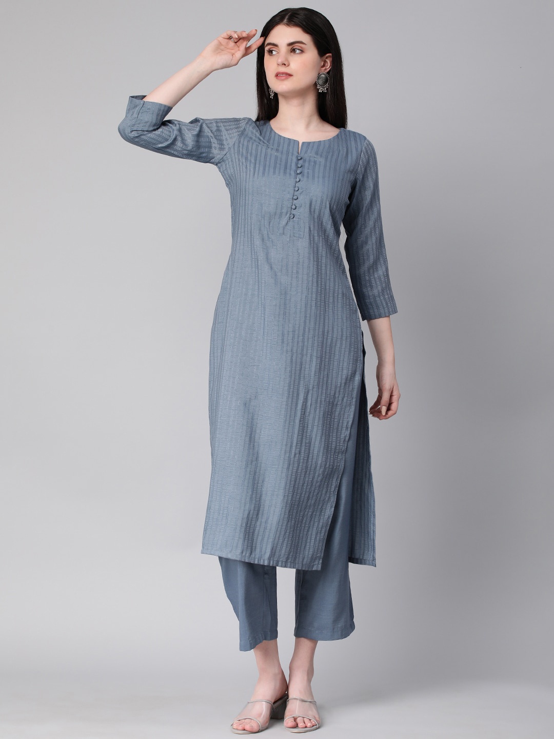 

KALINI Striped Regular Thread Work Kurta With Trousers, Grey