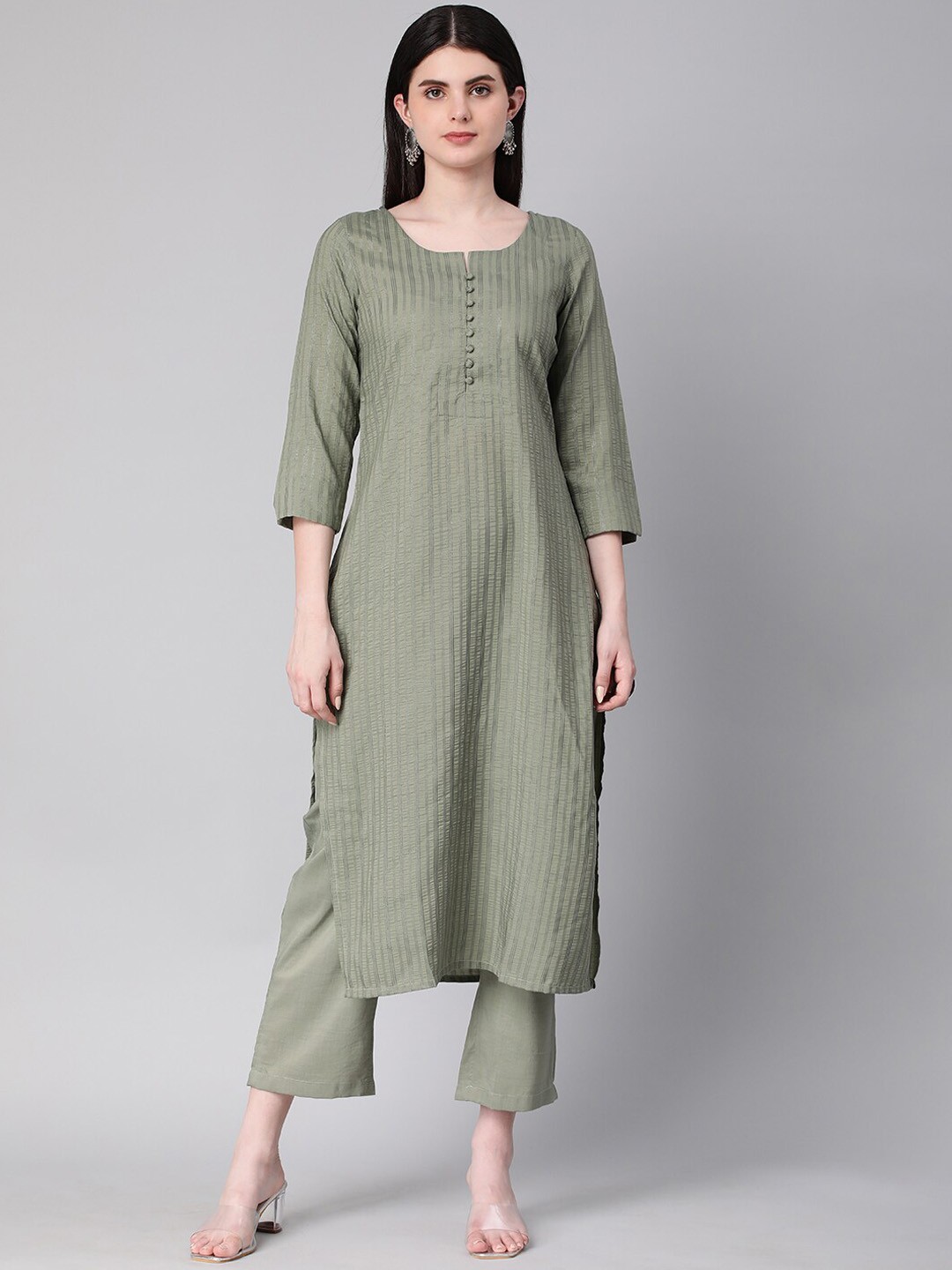 

KALINI Striped Straight Kurta with Trousers, Green