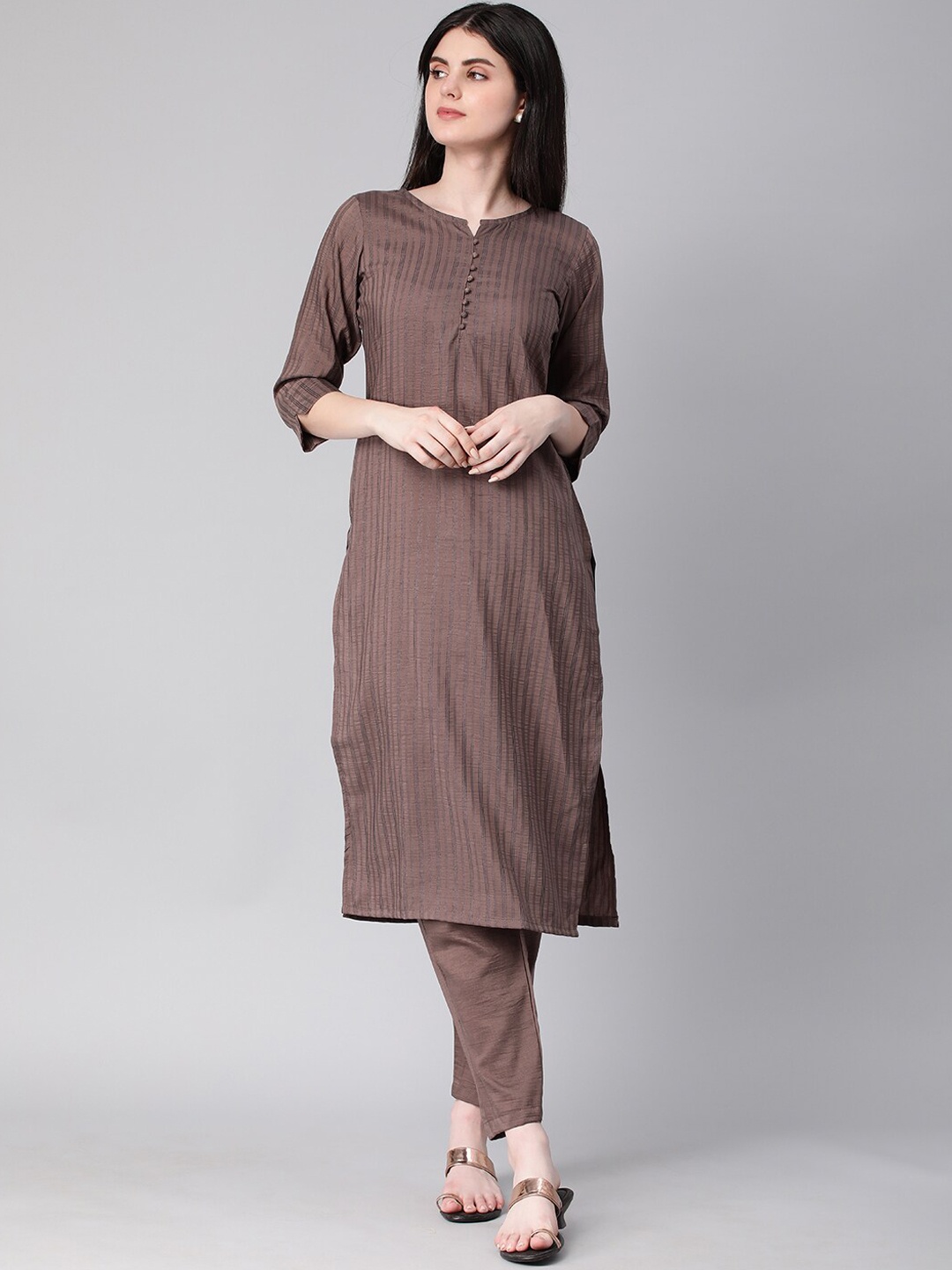 

KALINI Striped Straight Kurta with Trousers, Brown