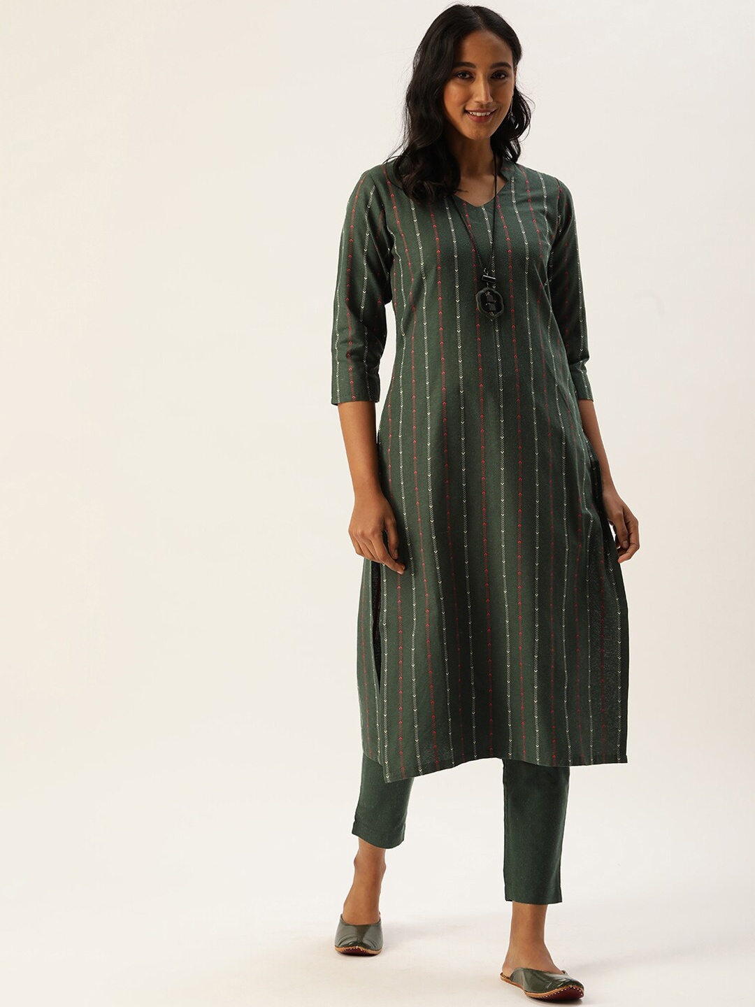 

KALINI Woven Design Straight Kurta with Trousers, Green