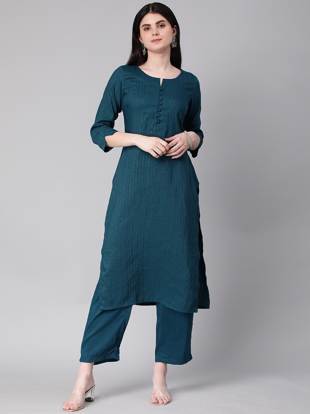 

KALINI Woven Design Striped Straight Kurta With Trousers, Teal