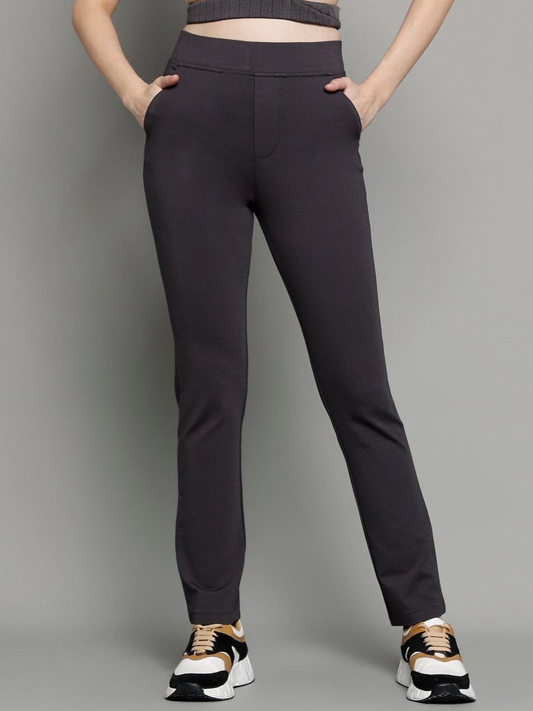 

Xpose Women Comfort Slim Fit High-Rise Trousers, Grey