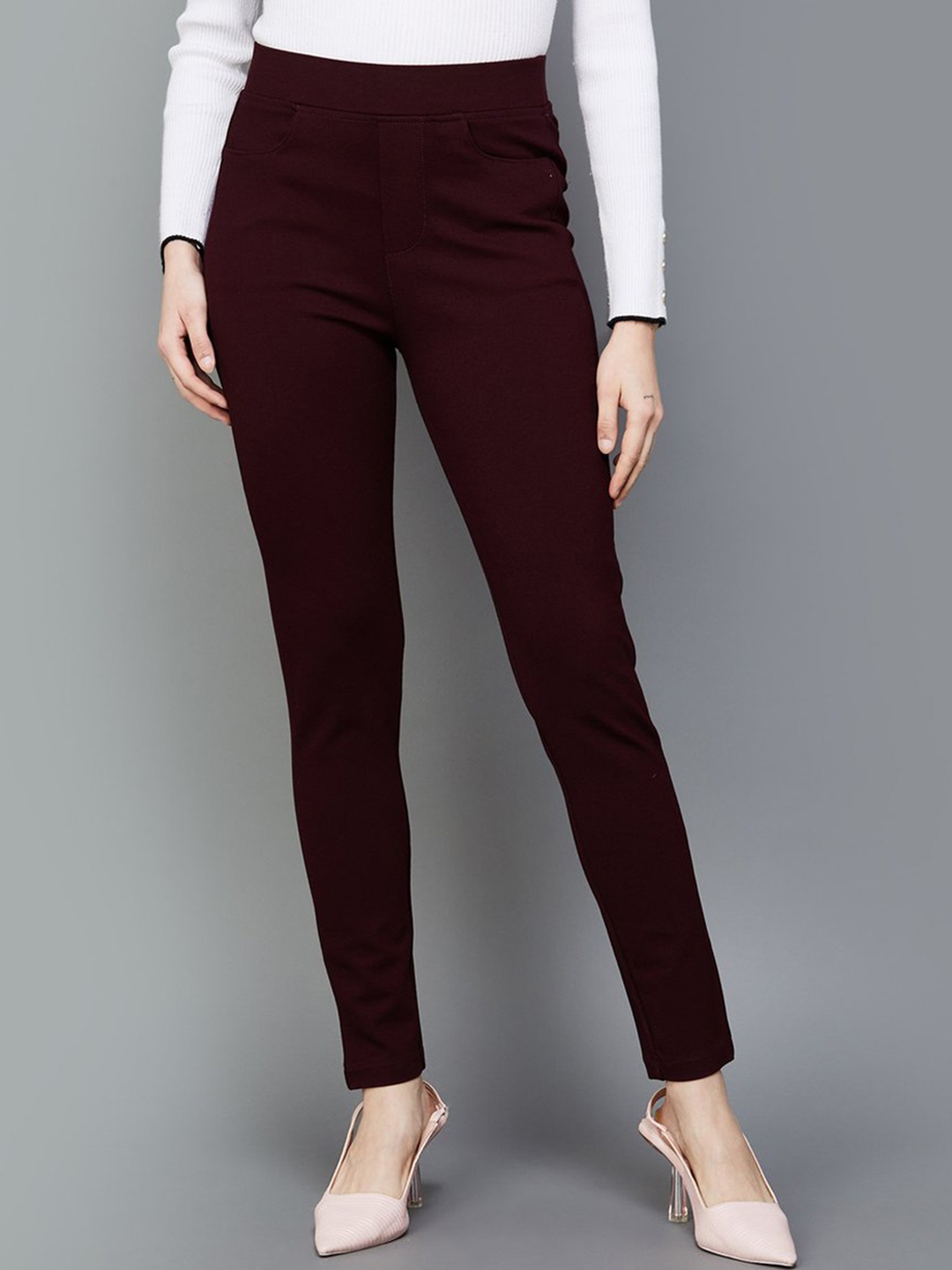 

Xpose Women Comfort Slim Fit High-Rise Trousers, Red