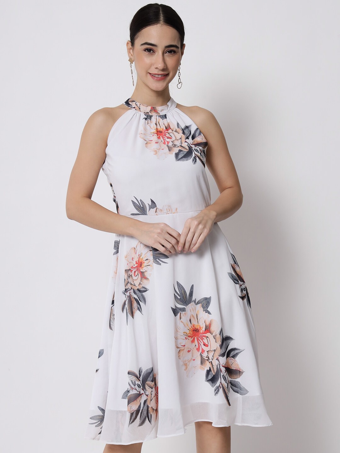 CHARMGAL Floral Printed Georgette Fit & Flare Midi Dress, White