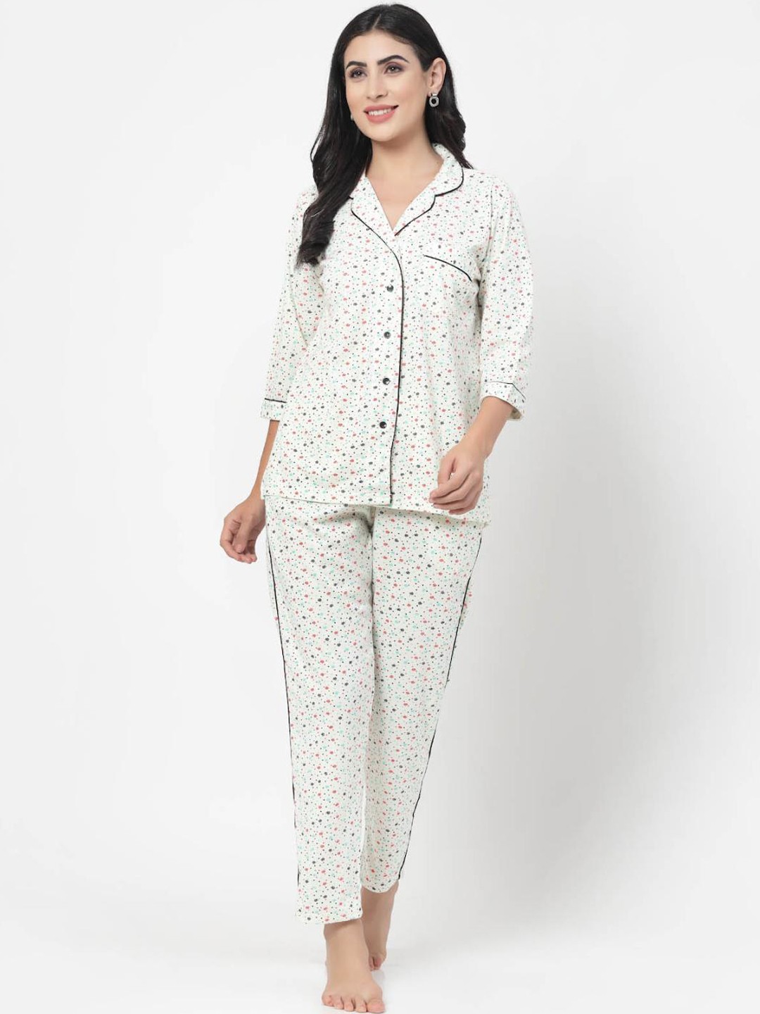 

SHYAM SONS FLAIR Printed Lapel Collar Pure Cotton Night suit, White