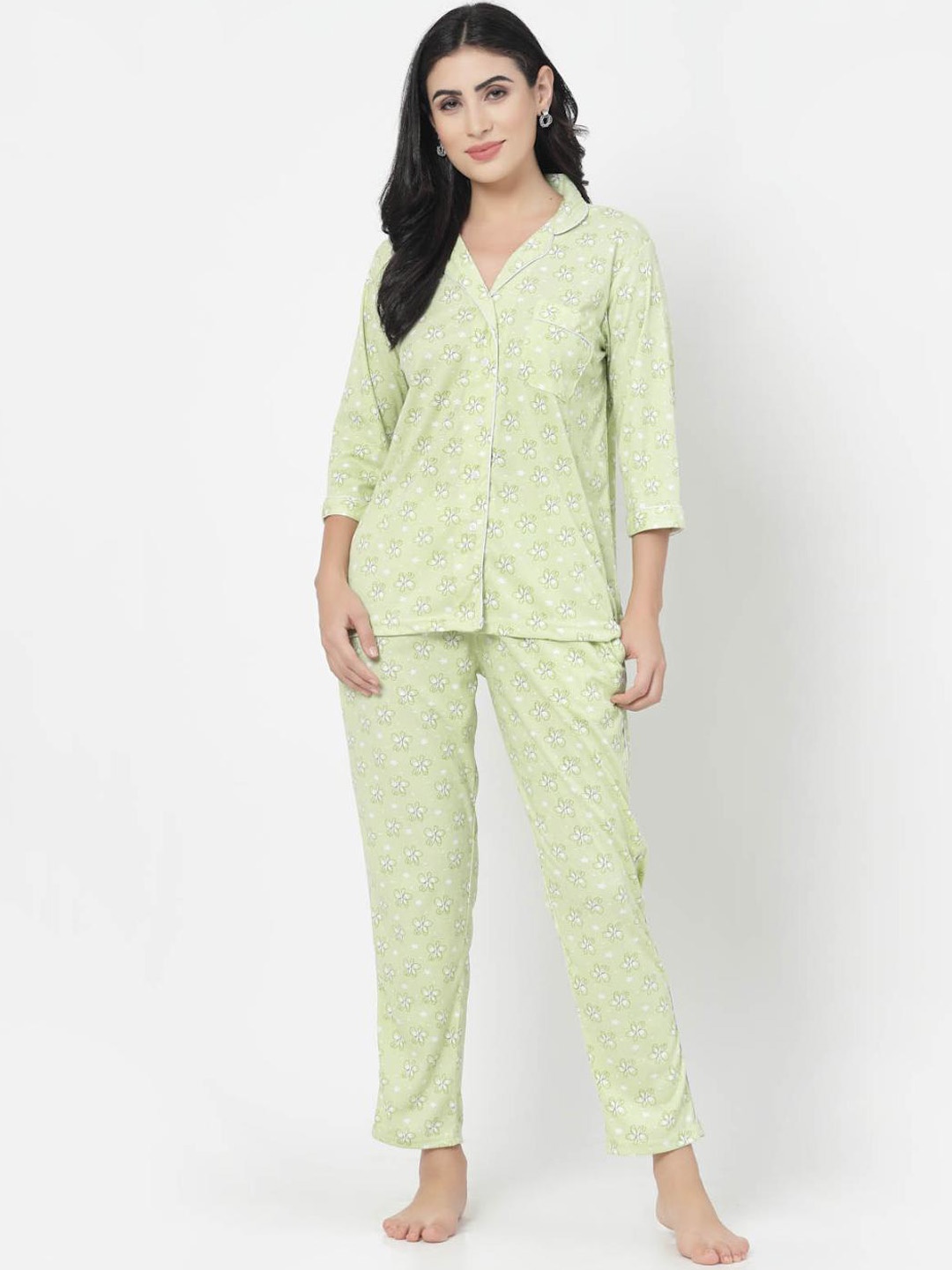 

SHYAM SONS FLAIR Printed Lapel Collar Pure Cotton Night suit, Green