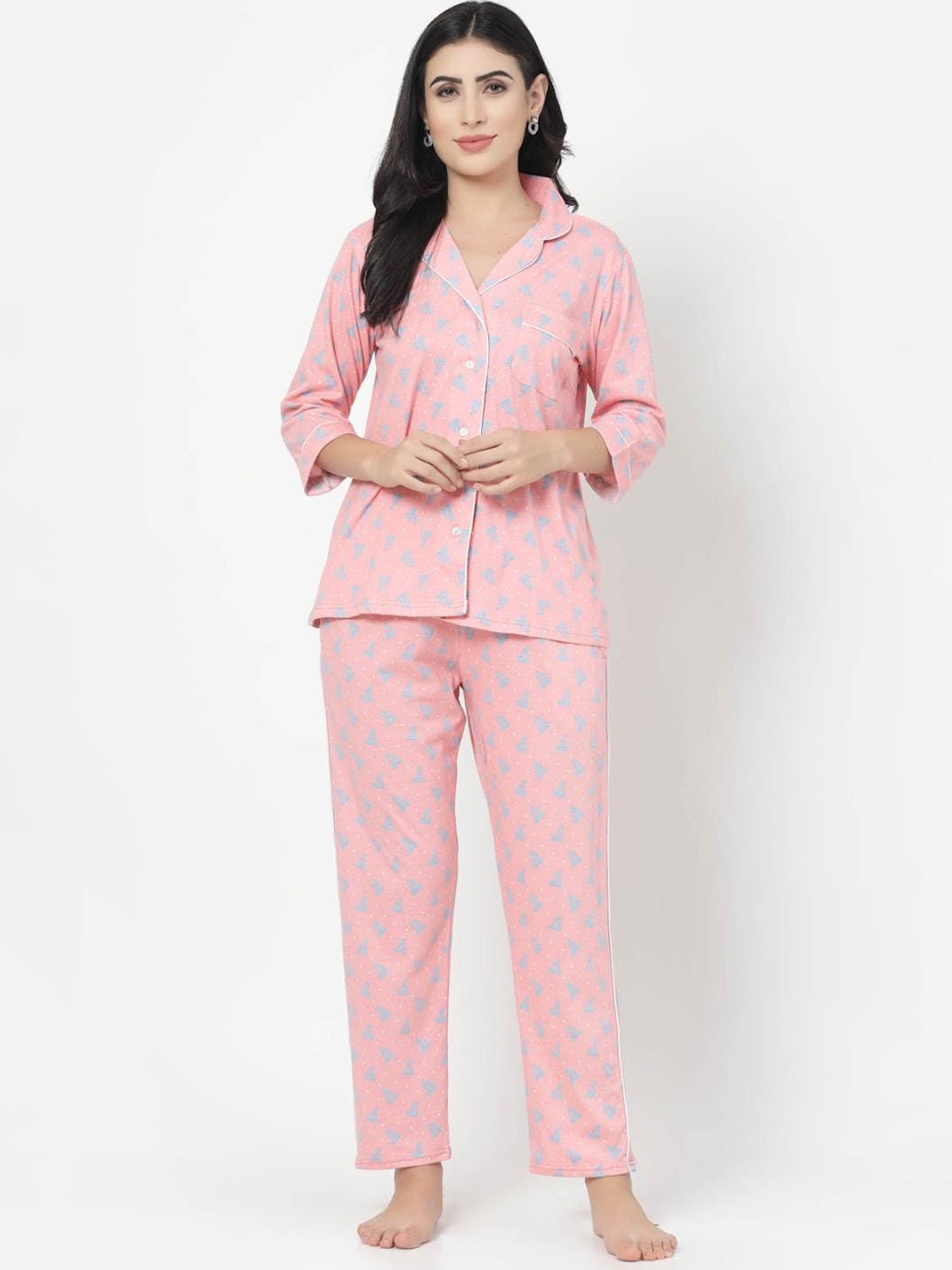 

SHYAM SONS FLAIR Printed Lapel Collar Pure Cotton Night suit, Coral