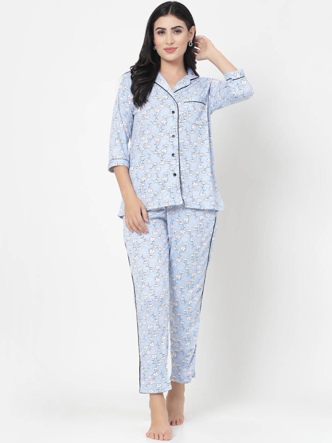 

SHYAM SONS FLAIR Floral Printed Lapel Collar Pure Cotton Shirt With Pyjamas, Blue