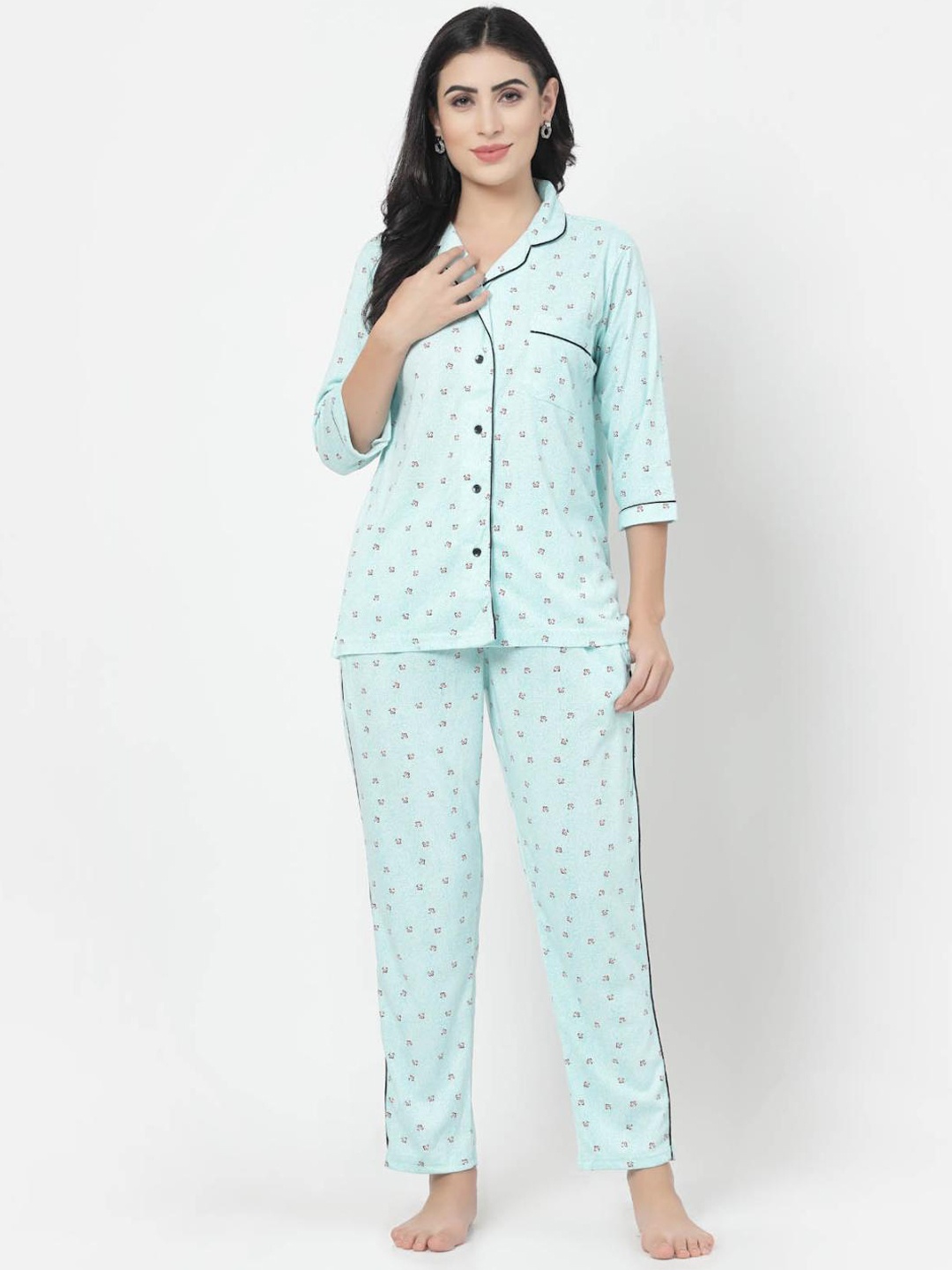 

SHYAM SONS FLAIR Printed Lapel Collar Pure Cotton Night suit, Blue