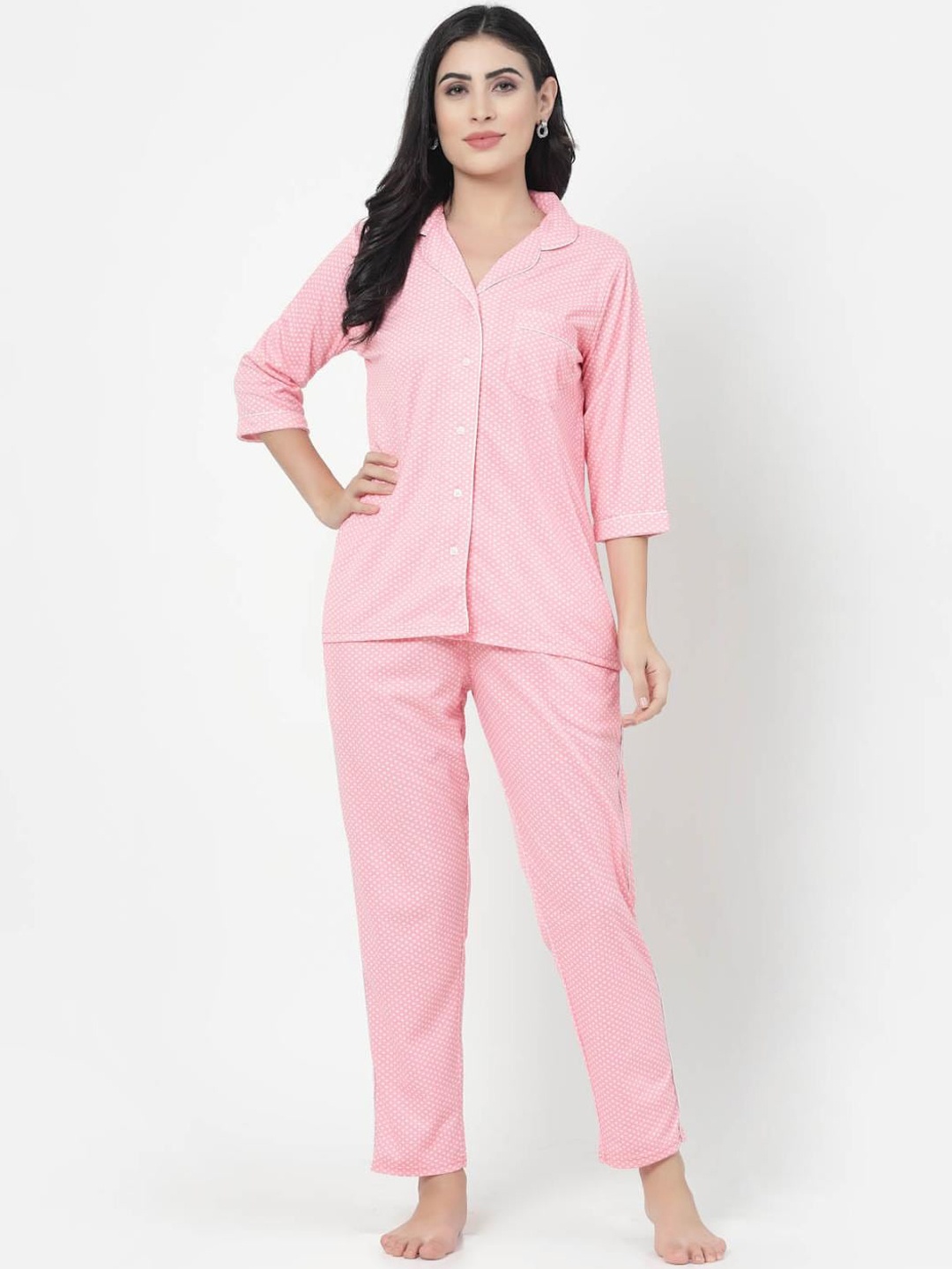 

SHYAM SONS FLAIR Printed Lapel Collar Pure Cotton Night suit, Coral