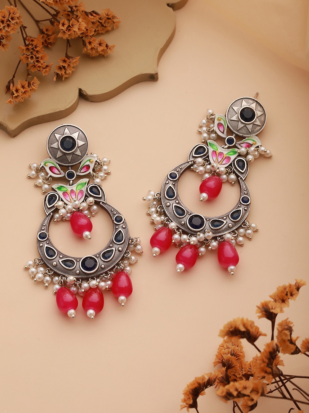 

Saraf RS Jewellery Rhodium-Plated Contemporary Chandbalis, Red