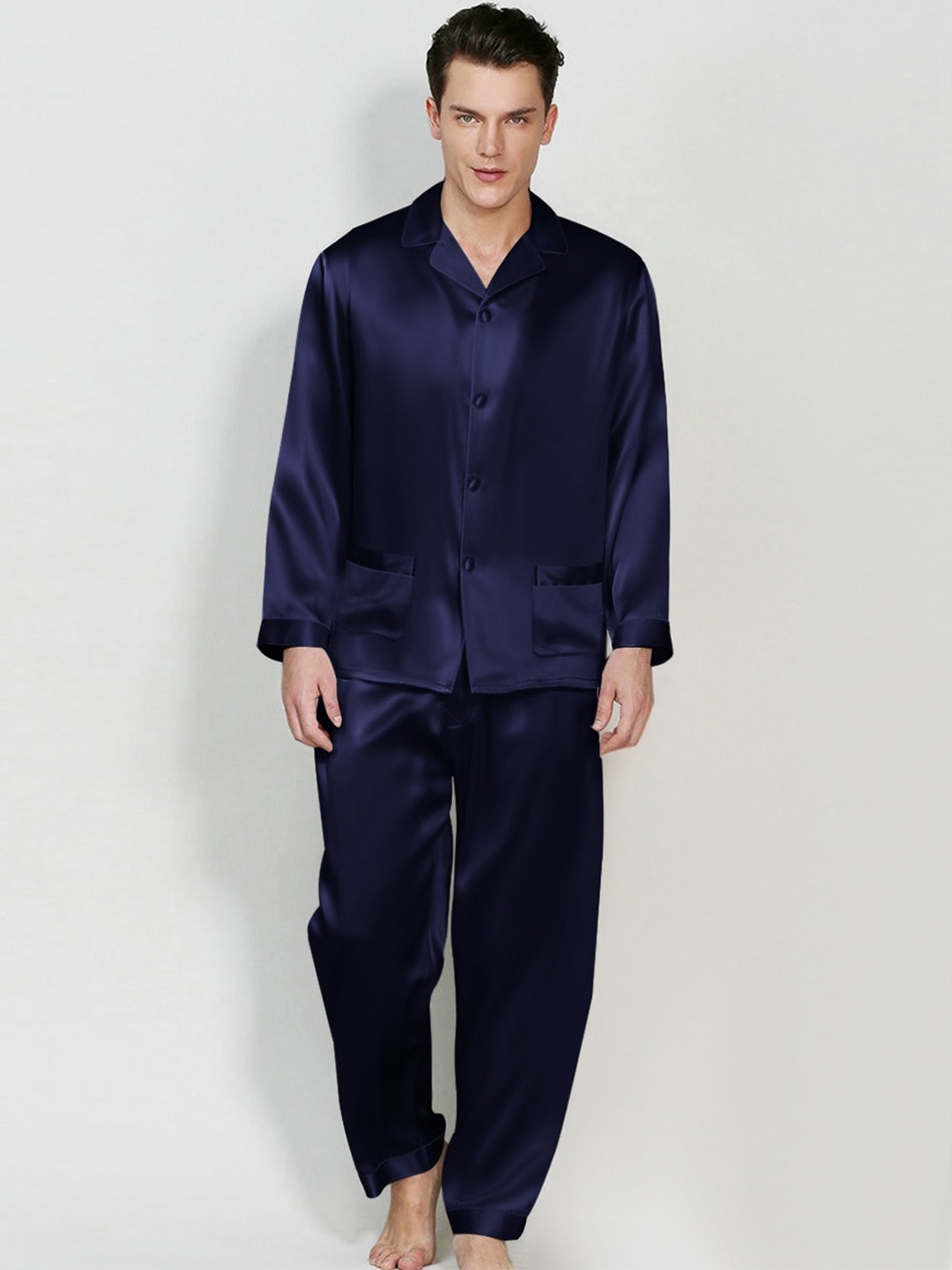 

Bella Babe by SK Shirt Collar Satin Night suit, Navy blue