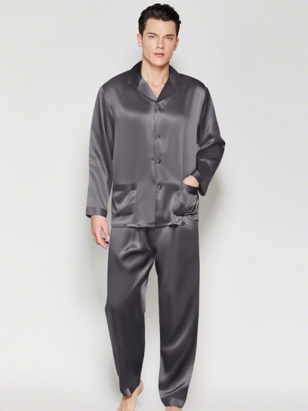 

Bella Babe by SK Shirt Collar Satin Night suit, Grey