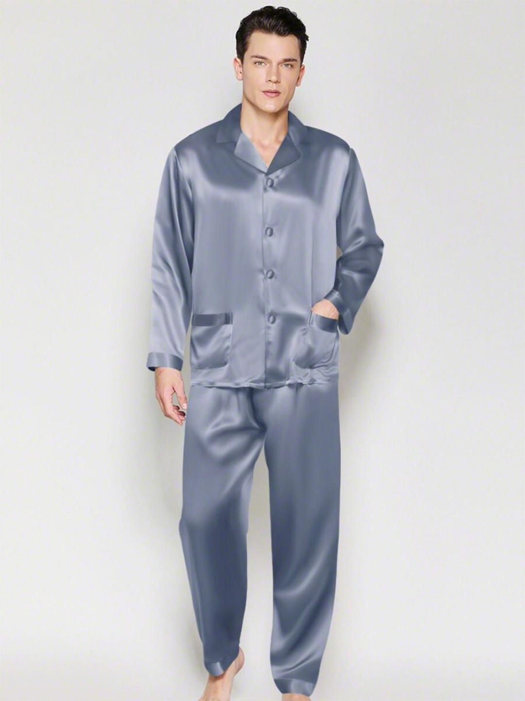 

Bella Babe by SK Lapel Collar Long Sleeves Satin Night suit, Blue