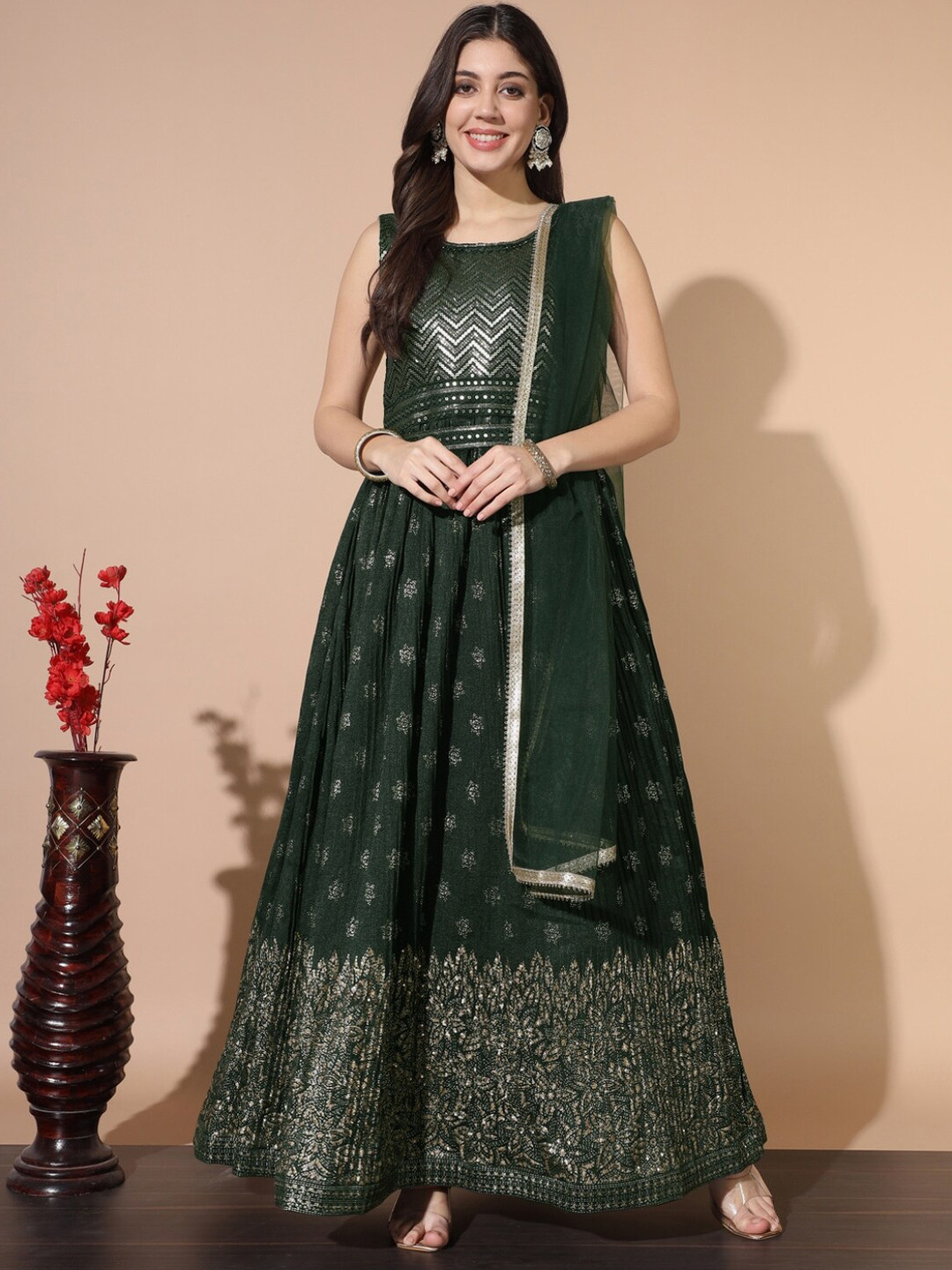 

Chhabra 555 Embellished Ethnic Dresses With Dupatta, Green