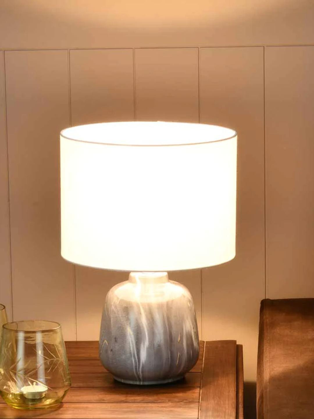 

Athome by Nilkamal Grey & White Printed Cylindrical Shaped Table Lamp