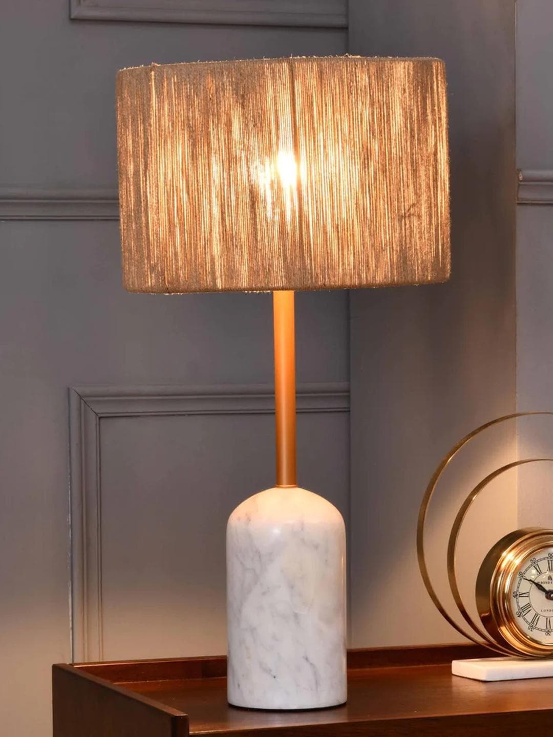 

Athome by Nilkamal Sisal Beige Printed Cylindrical Shaped Metal & Marble Table Lamps