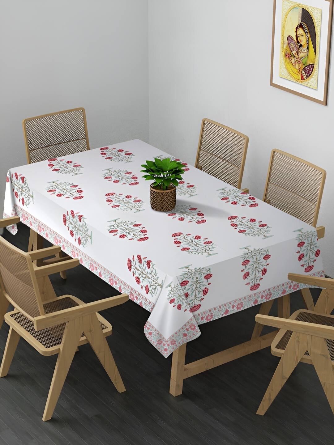 

Rajasthan Decor White & Red Floral Block Printed Cotton Table Cover