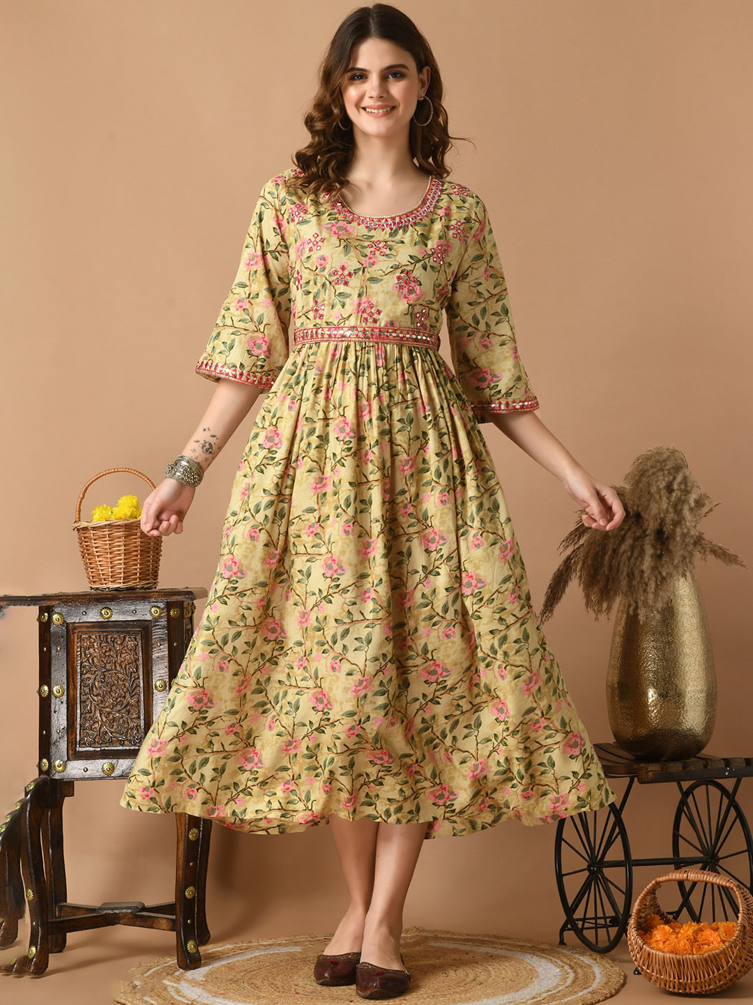 

AAYUMI Floral Printed Mirror Work Anarkali Pure Cotton Fit & Flare Midi Ethnic Dress, Yellow