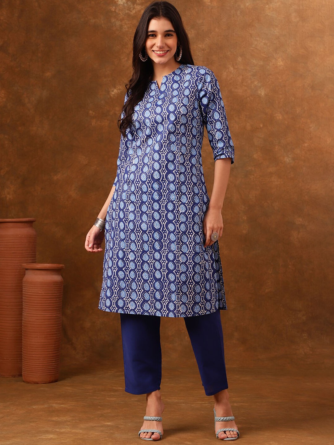 

Anouk Ethnic Motifs Printed Regular Pure Cotton Kurta With Trousers, Blue