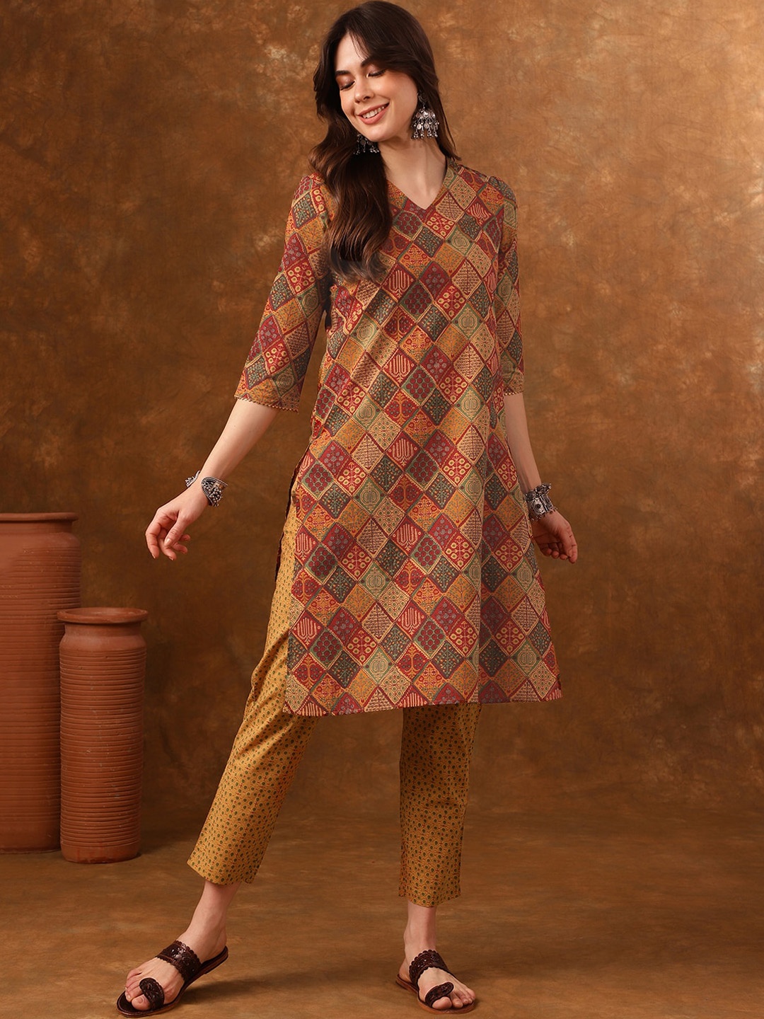 

Anouk Geometric Printed Pure Cotton Kurta with Trousers, Coffee brown