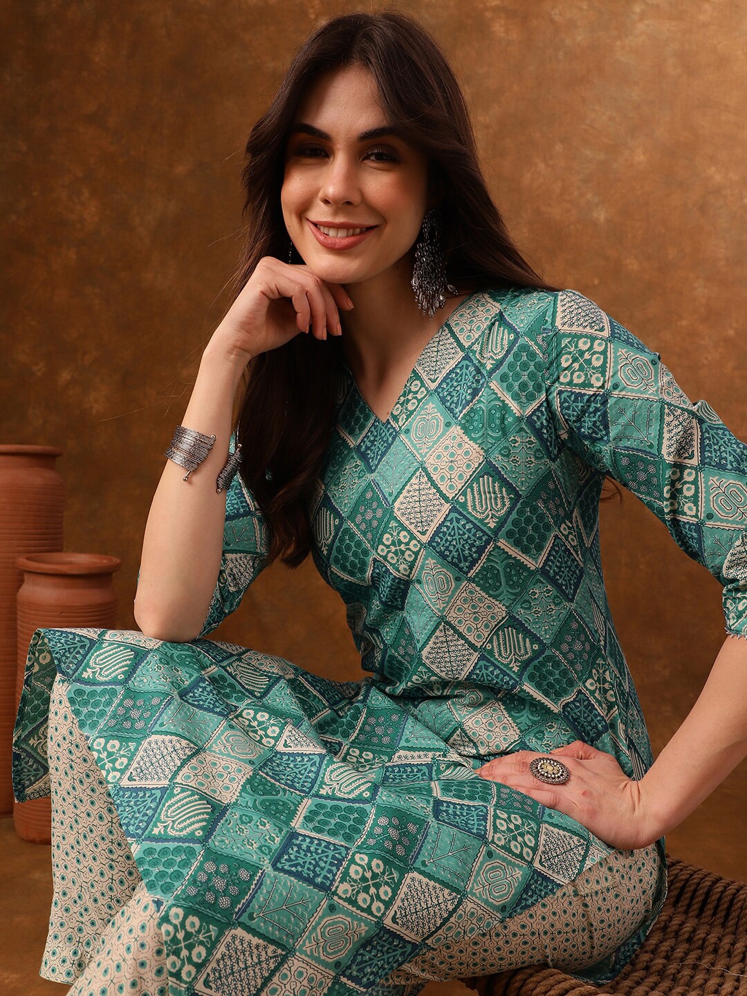 

Anouk Ethnic Motifs Printed Regular Pure Cotton Kurta With Trouser, Teal
