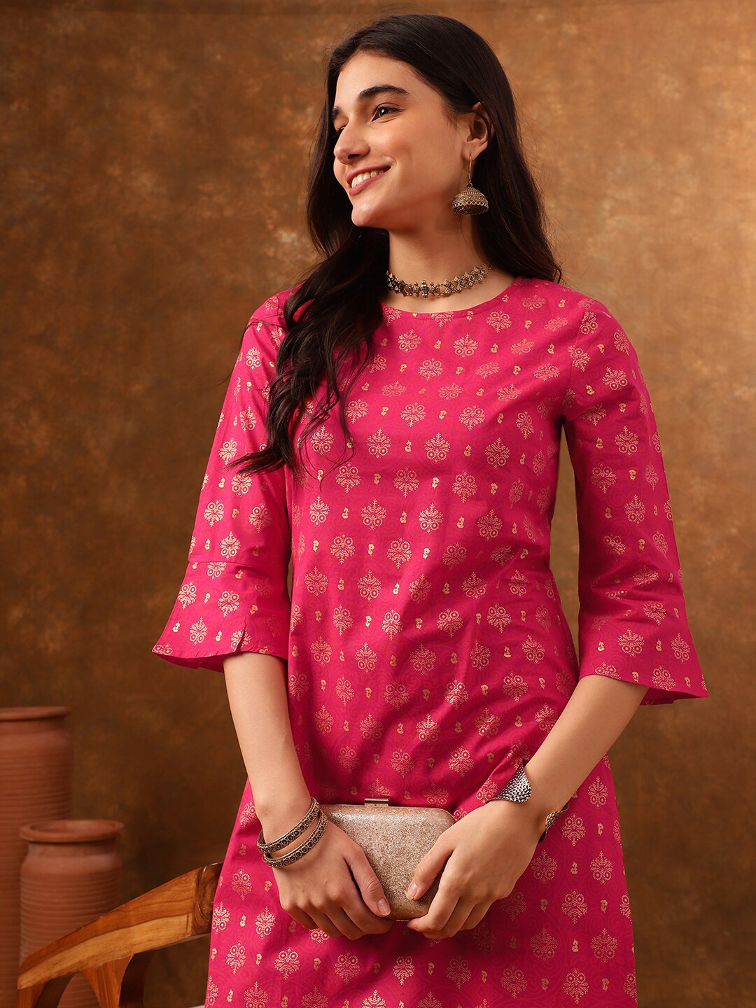 

Anouk Ethnic Motifs Printed Regular Pure Cotton Kurta With Trouser, Pink